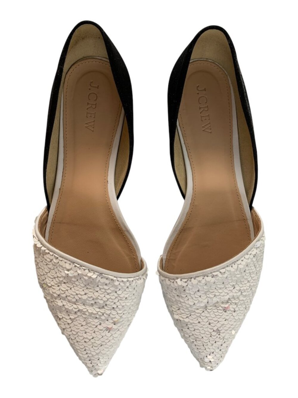 J. CREW Women size 7 White Sequin Toe & Black Satin Heel Flats